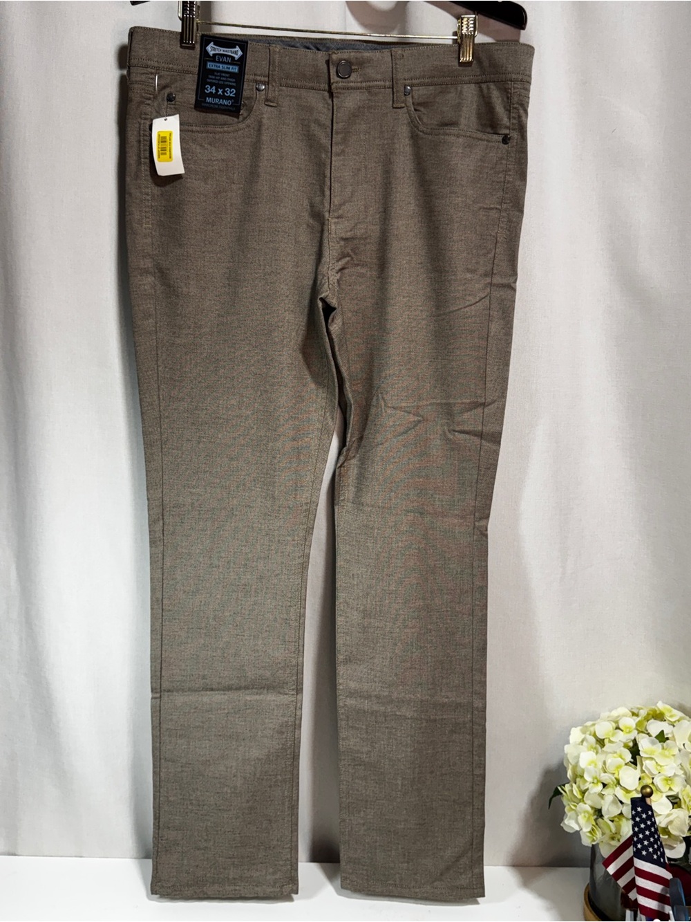 Murano Men’s Light Brown Extra Slim Tapered Flat Front Stretch Pants 34